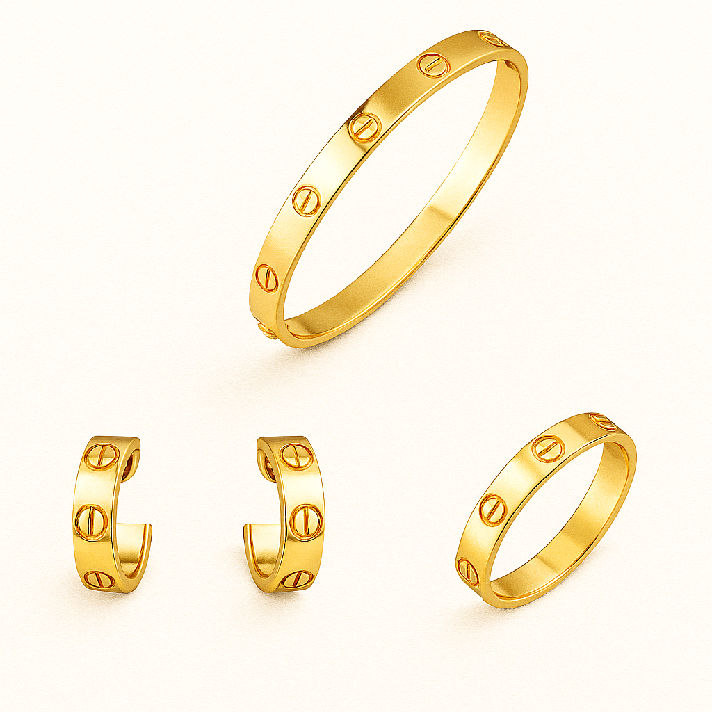 Screw Detail Bracelet Ring Earrings Set — Love