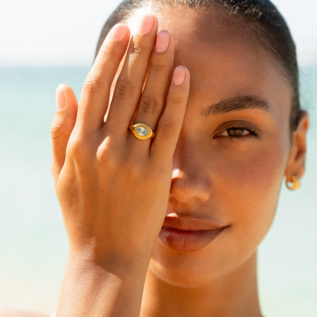 Blue Zircon Sunburst Ring, Steel — Aegean