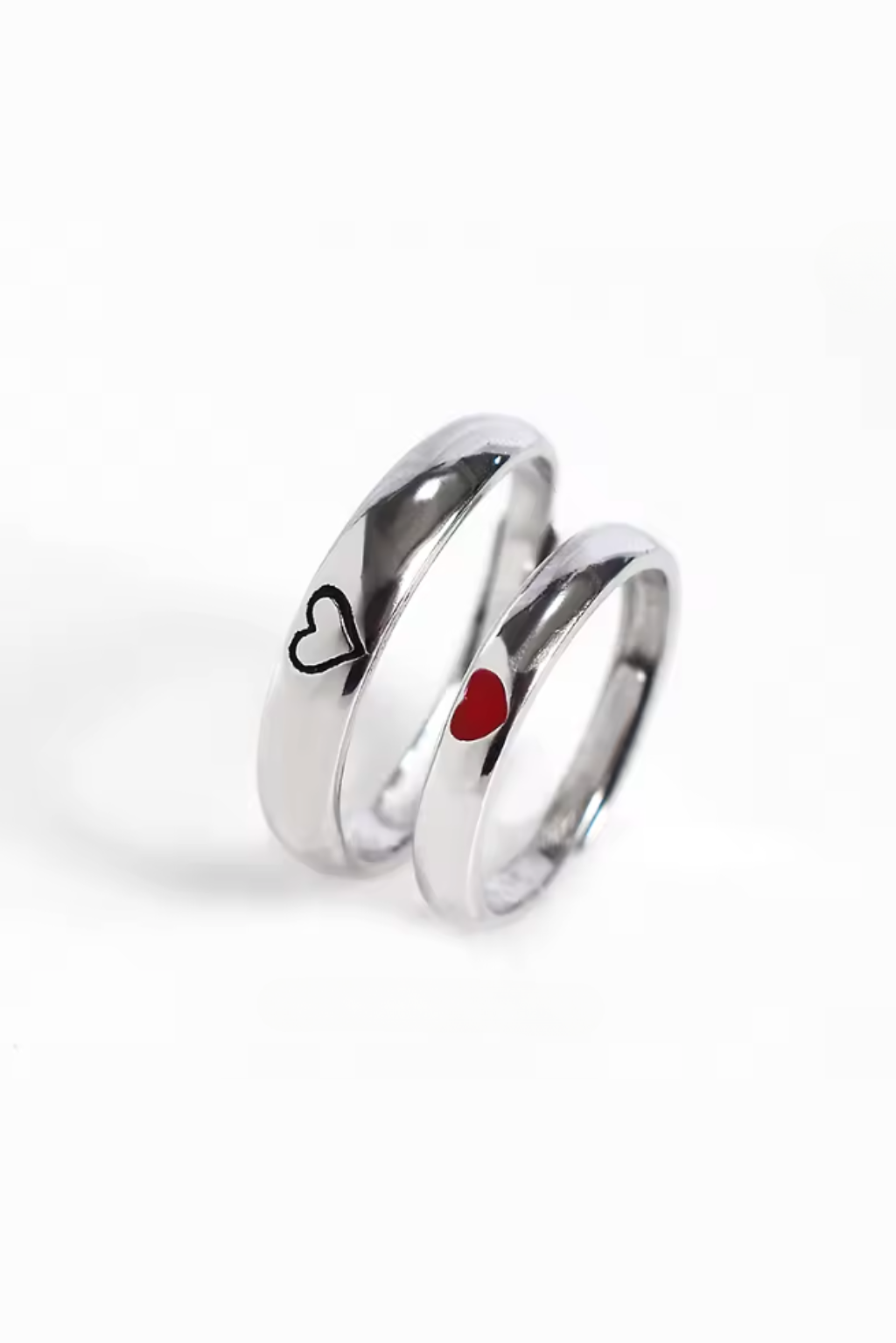 Adjustable Heart Ring Set, 2 Pieces, Silver-Plated Steel
