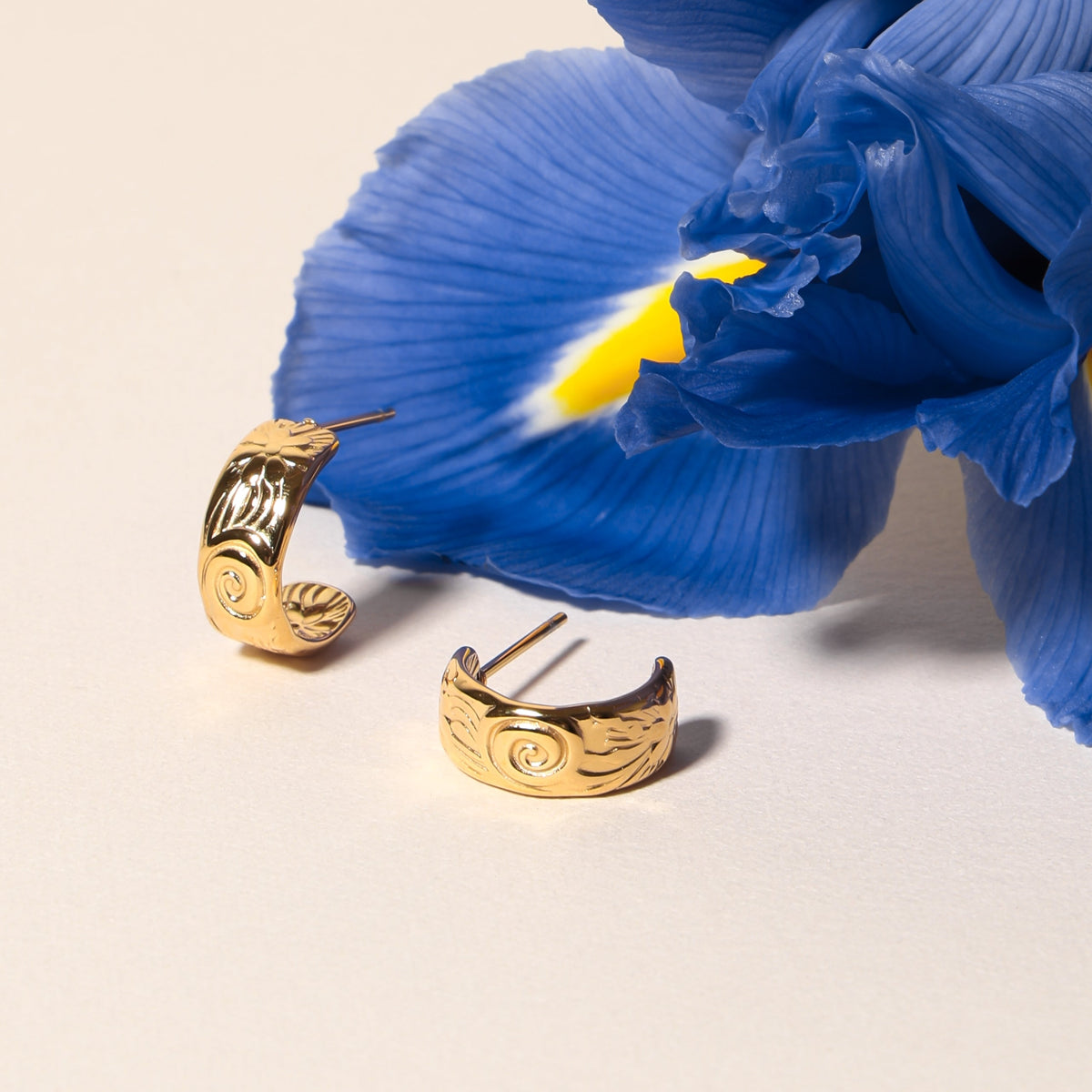 Engraved Floral Half-Hoop Stud Earrings — Bloom