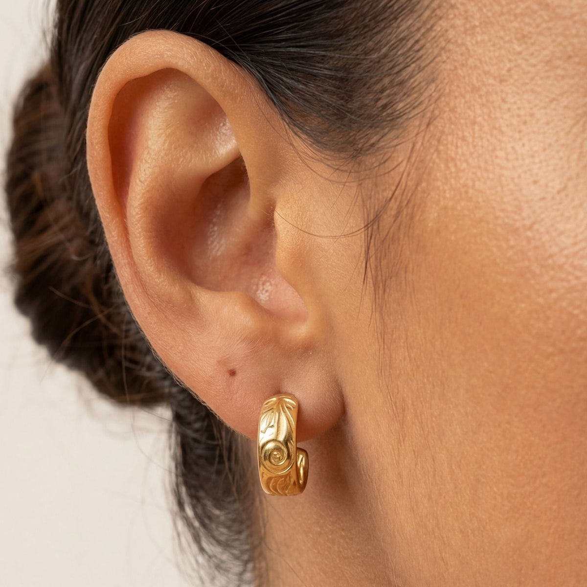 Engraved Floral Half-Hoop Stud Earrings — Bloom