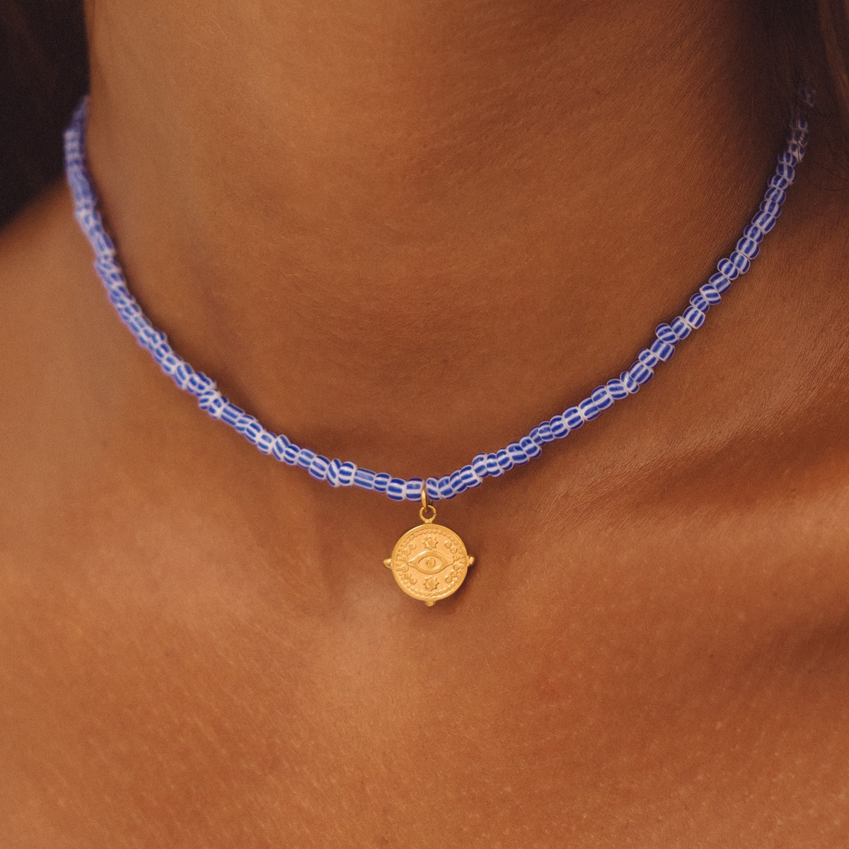 Blue Beaded Coin Choker, 36 cm — Hera