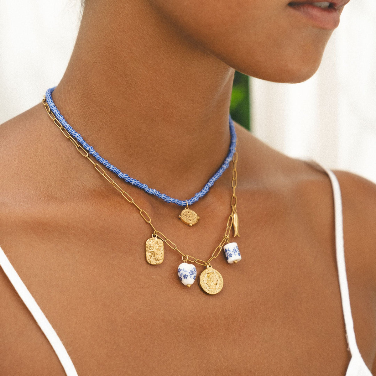 Blue Beaded Coin Choker, 36 cm — Hera