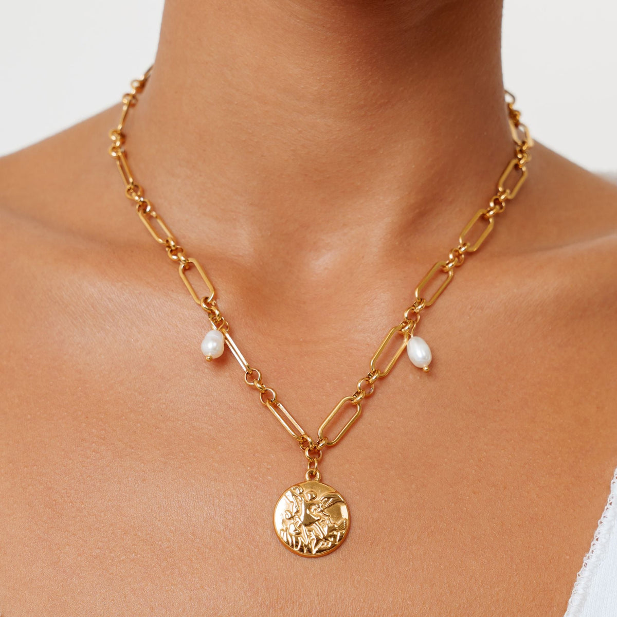 Angel Coin and Pearl Link Necklace — Elysia