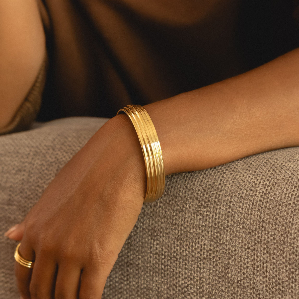 Layered Cuff Bracelet, 13 mm, 18K Gold PVD Steel — Linea