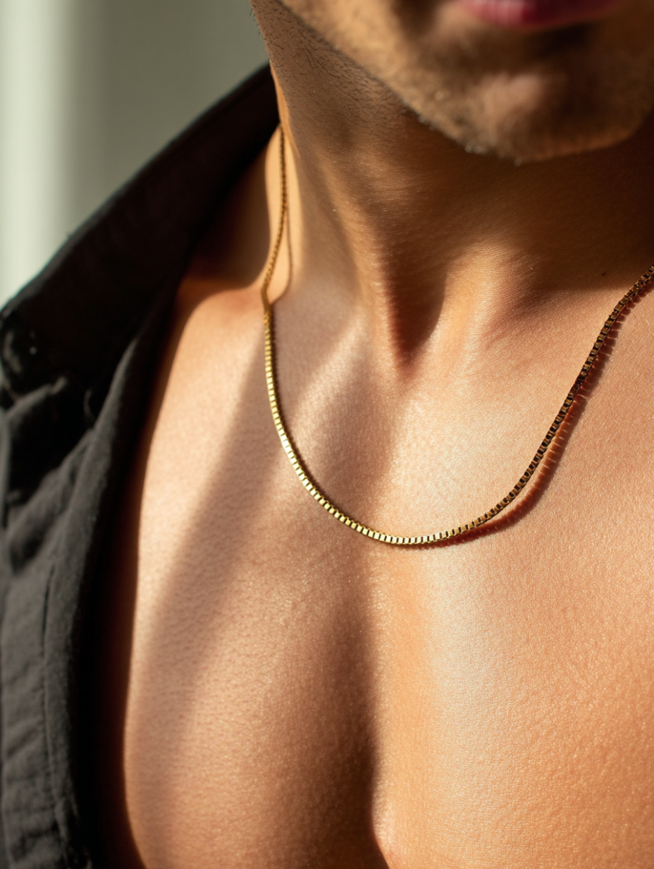 Men’s Square-Link Box Necklace, 55 cm, 18K Gold-Plated Steel