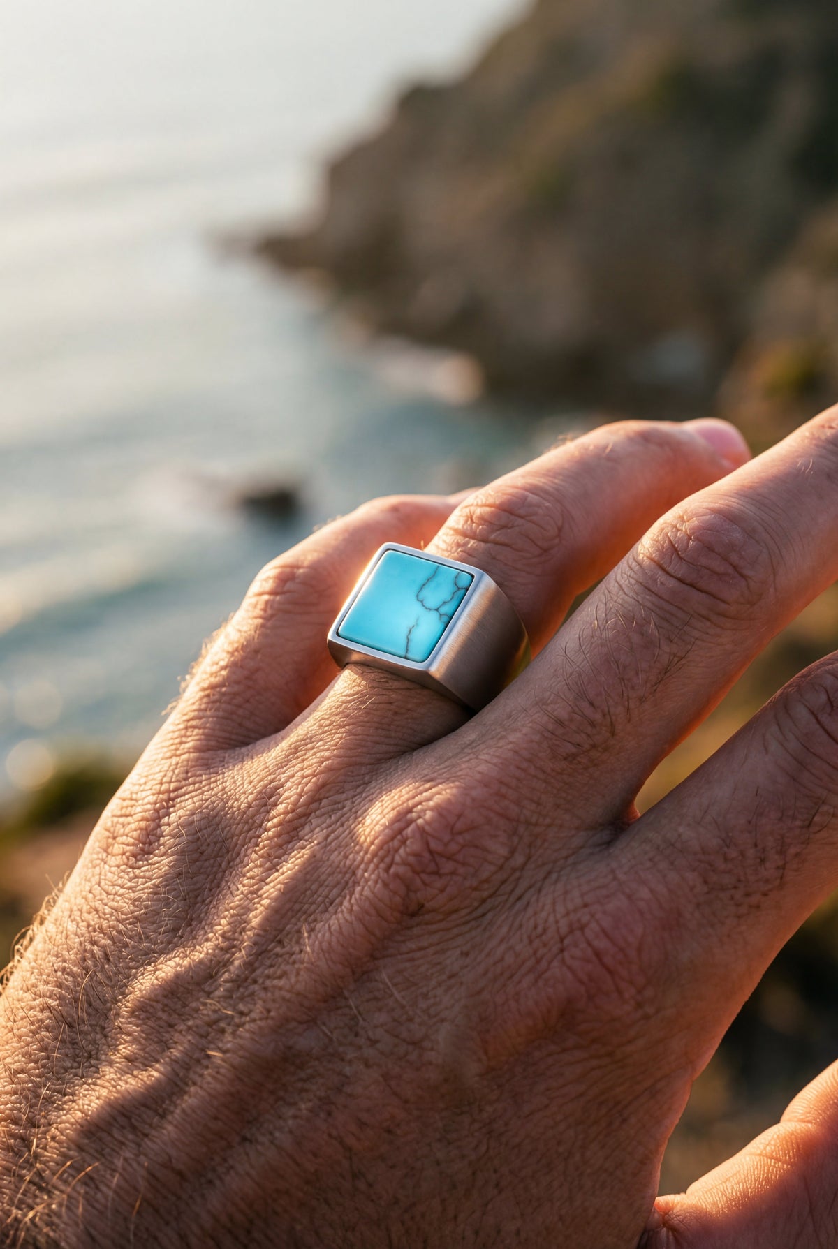 Men’s Blue Howlite Square Signet Ring, Stainless Steel — Calanque