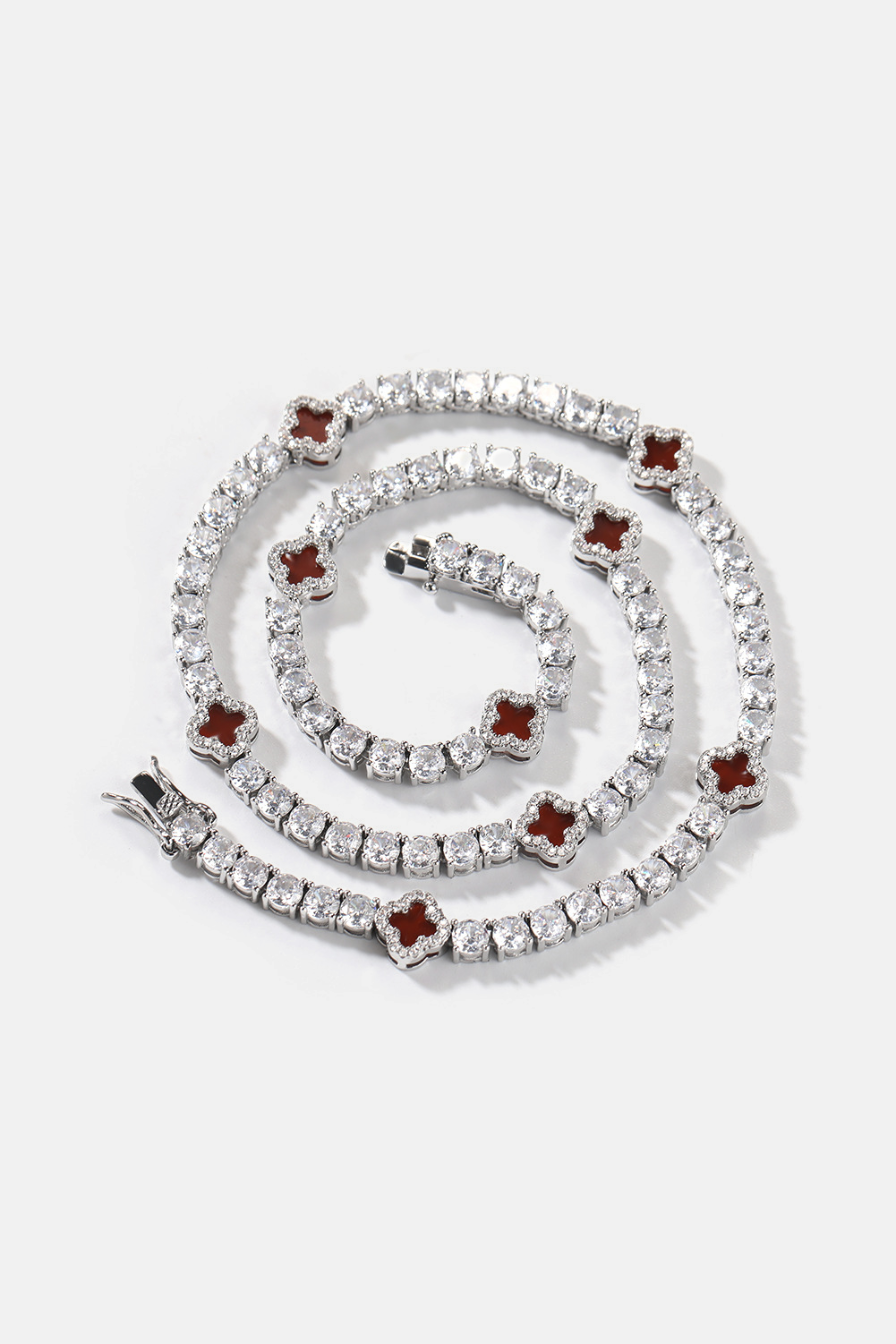 Burgundy Red Clover Tennis Necklace, Silver-Plated