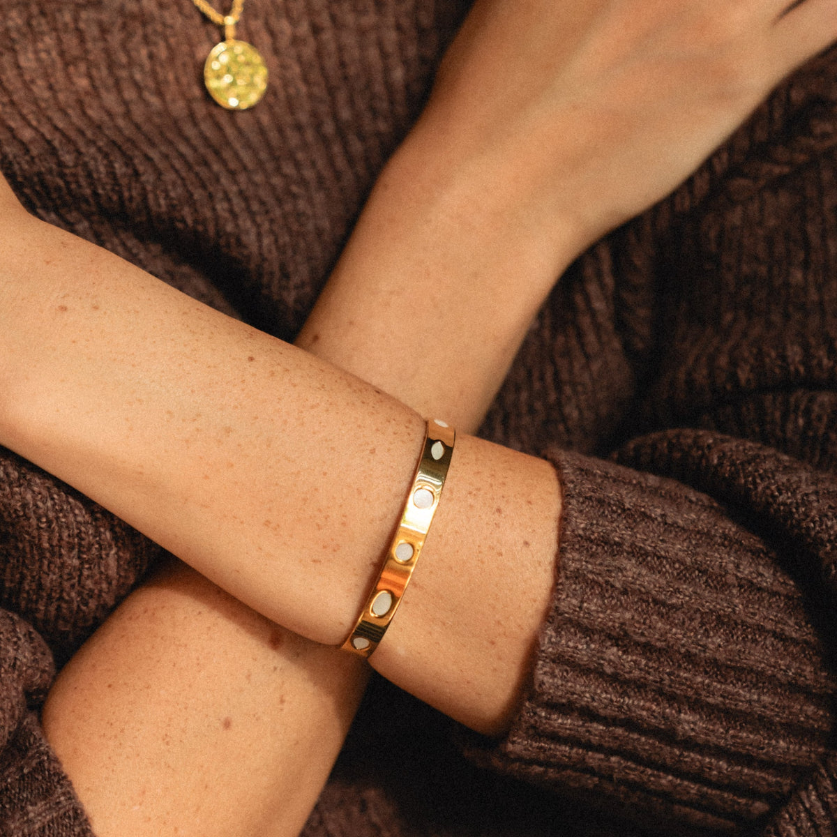 Mother of Pearl Dot Cuff Bracelet, Steel