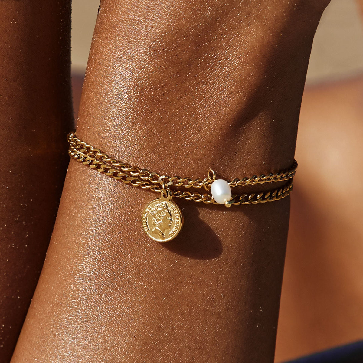 Double Chain Coin and Freshwater Pearl Bracelet — Señora