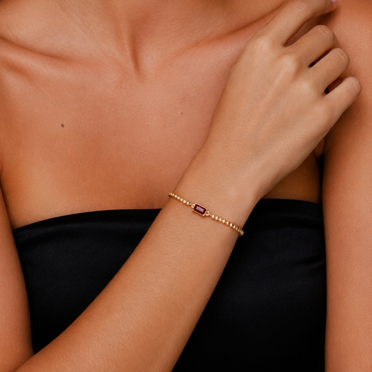 Birthstone-Color Zircon Beaded Bracelet, Gold PVD Steel
