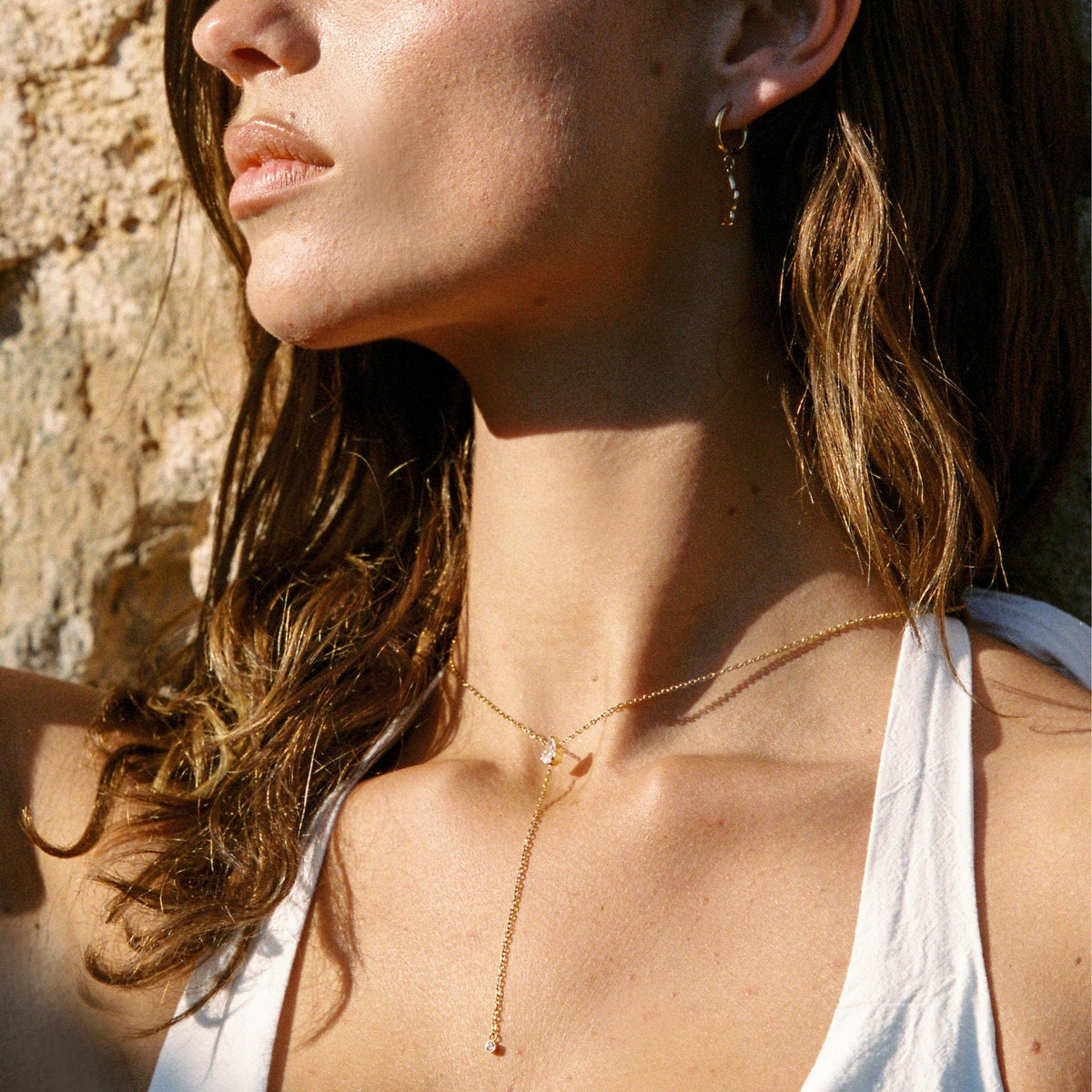 White Cubic Zirconia Y Lariat Necklace, Steel