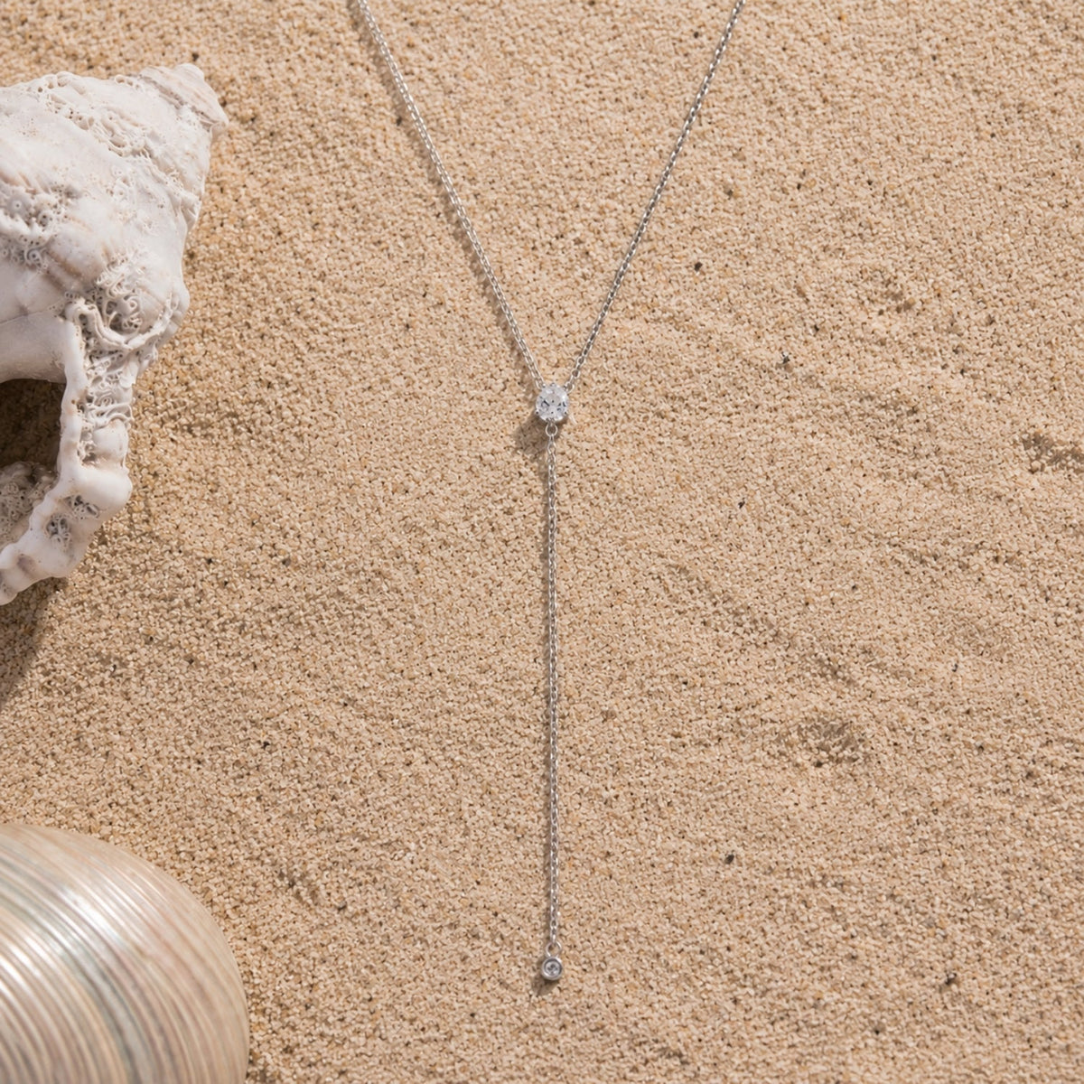 White Cubic Zirconia Y Lariat Necklace, Steel