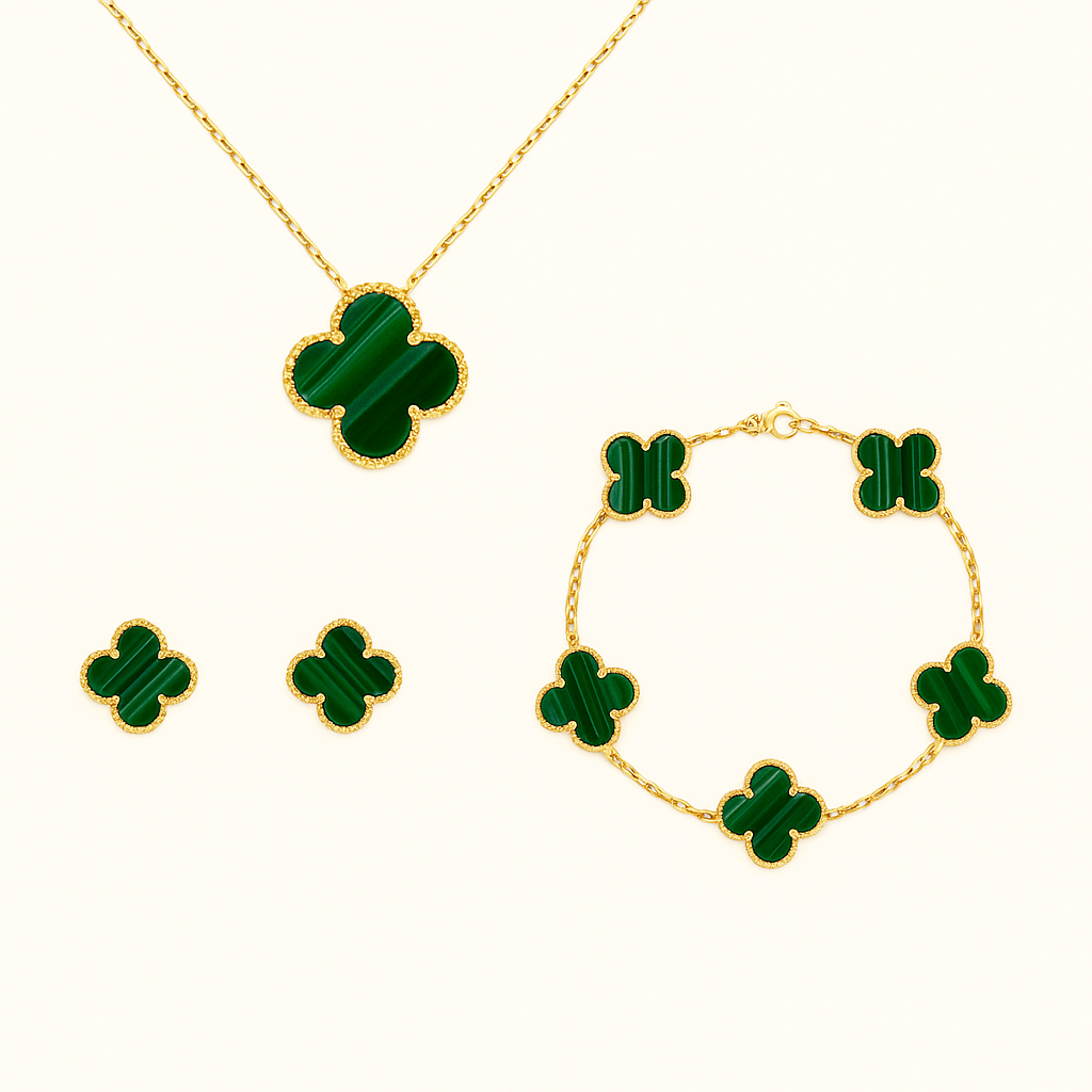 Green Clover Necklace Bracelet Earrings Set