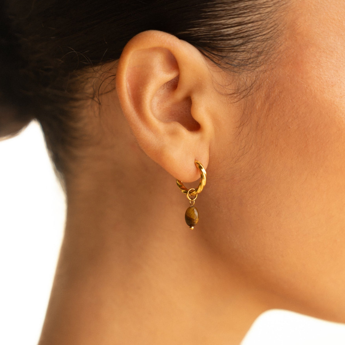 Oval Tiger Eye Drop Huggie Hoop Earrings