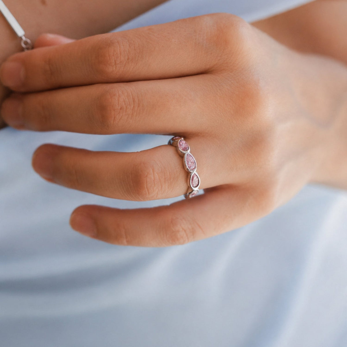 Pink Zircon Teardrop Eternity Ring — Peony