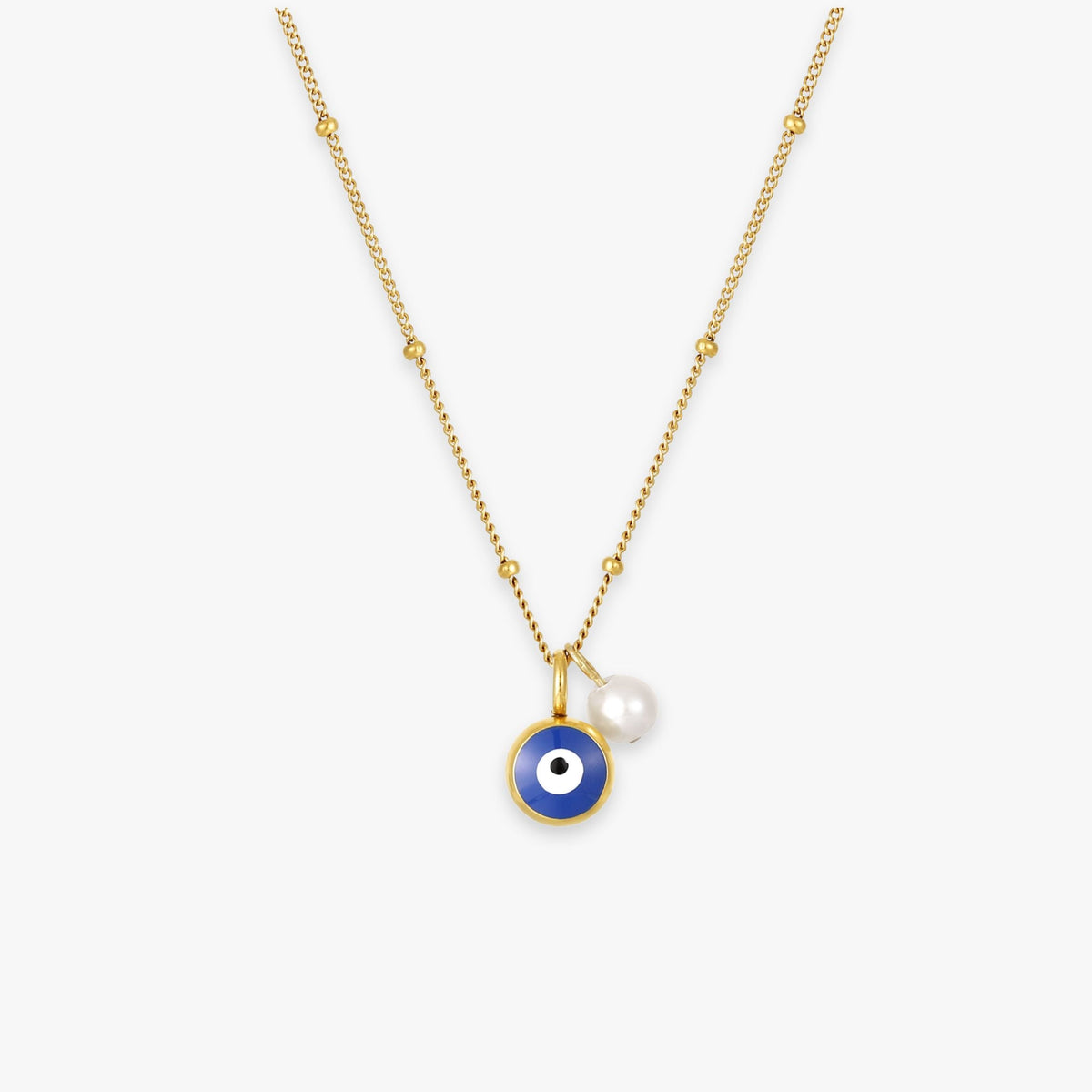 Blue Evil Eye and Pearl Necklace, 45 cm