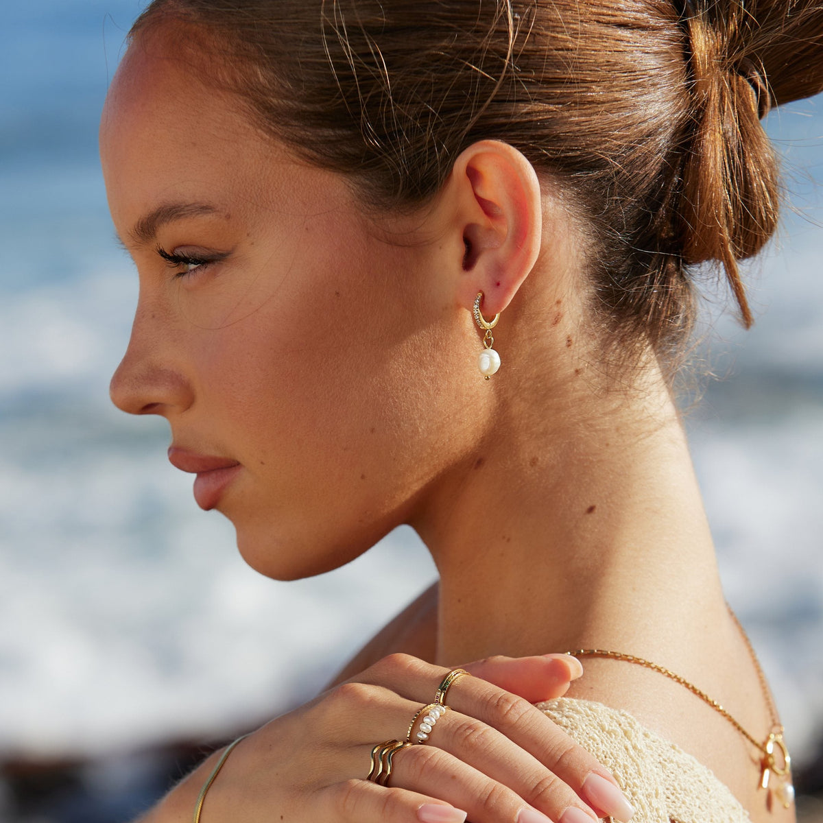 Freshwater Pearl Drop Hoop Earrings, 13 mm