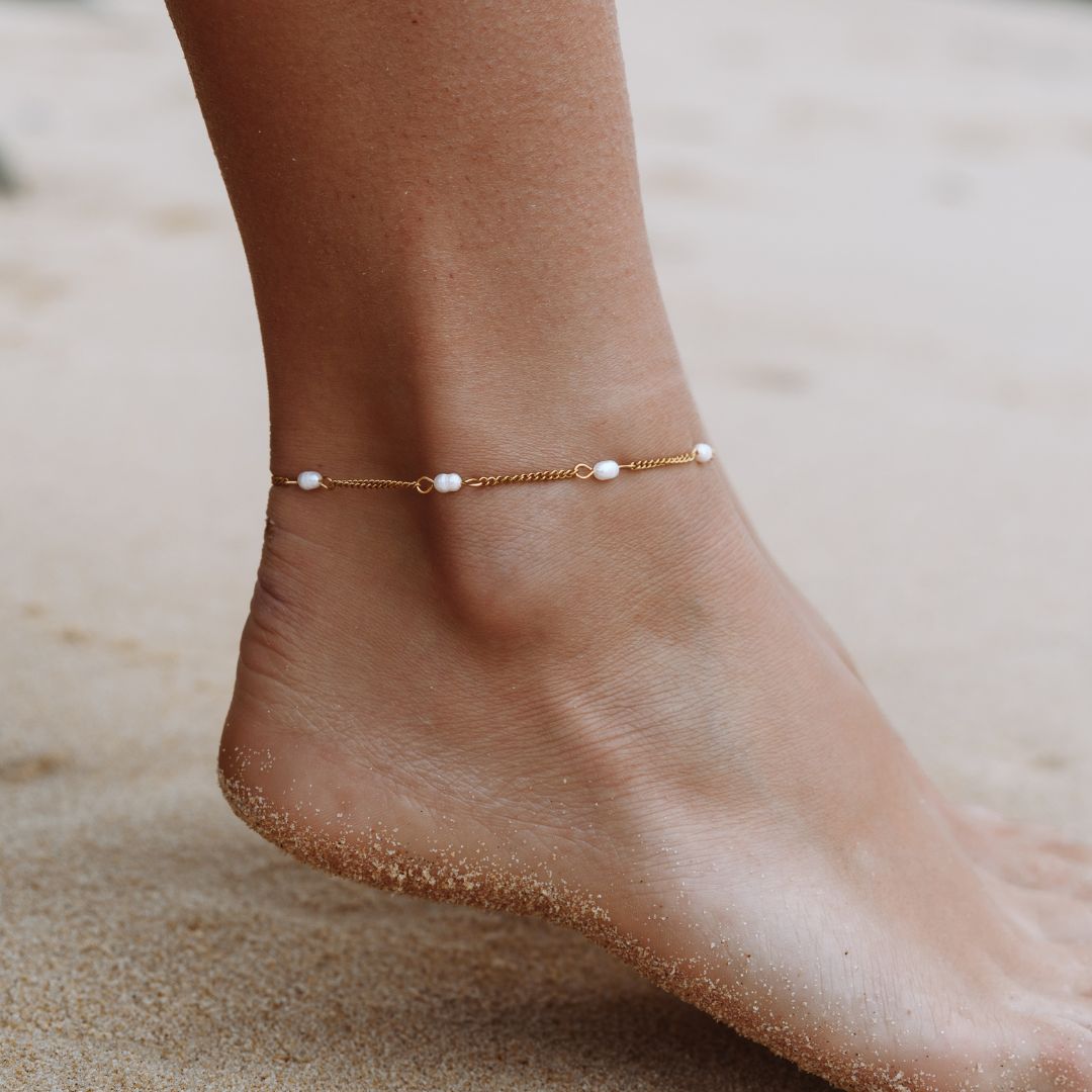 Freshwater Pearl Station Anklet, 3 mm Pearls