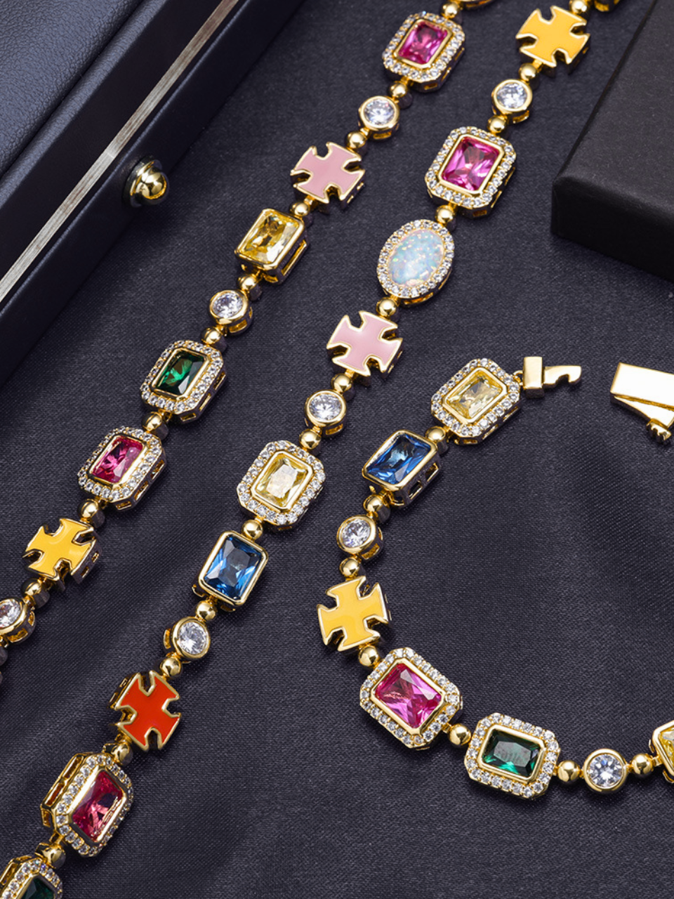 Multicolor Geometric Necklace and Bracelet Set, 18K Gold-Plated Steel