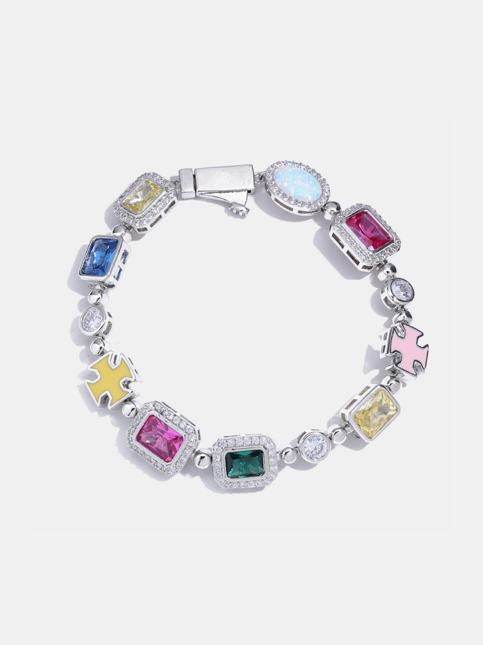 Multicolor Geometric Necklace and Bracelet Set, White-Gold-Plated Steel