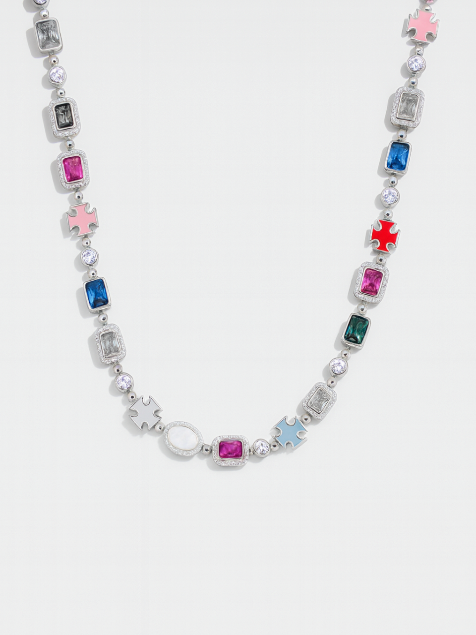 Multicolor Geometric Necklace and Bracelet Set, White-Gold-Plated Steel