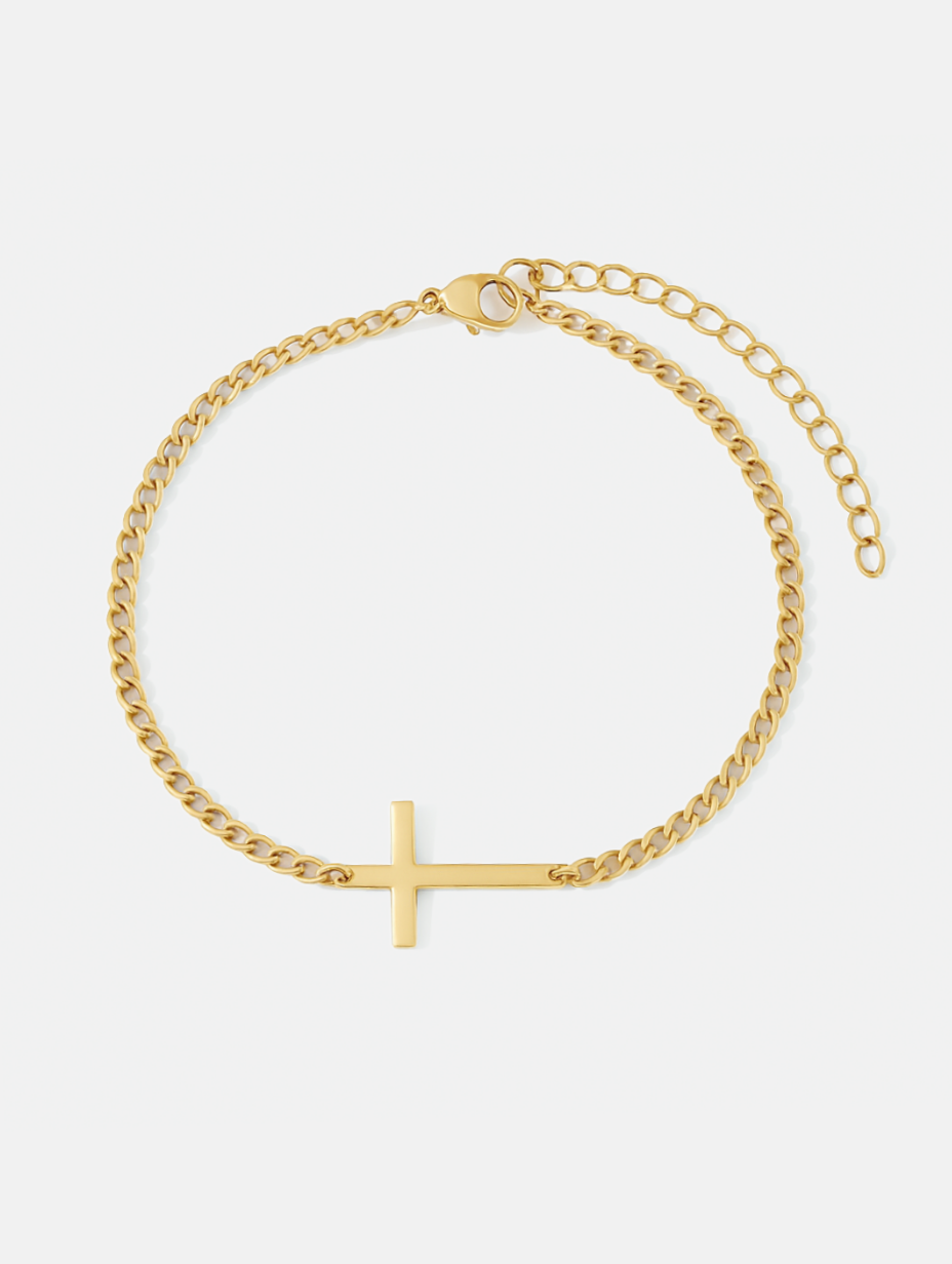 Men’s Cuban Chain Cross Bracelet, 3 mm, 14K Gold-Plated Steel