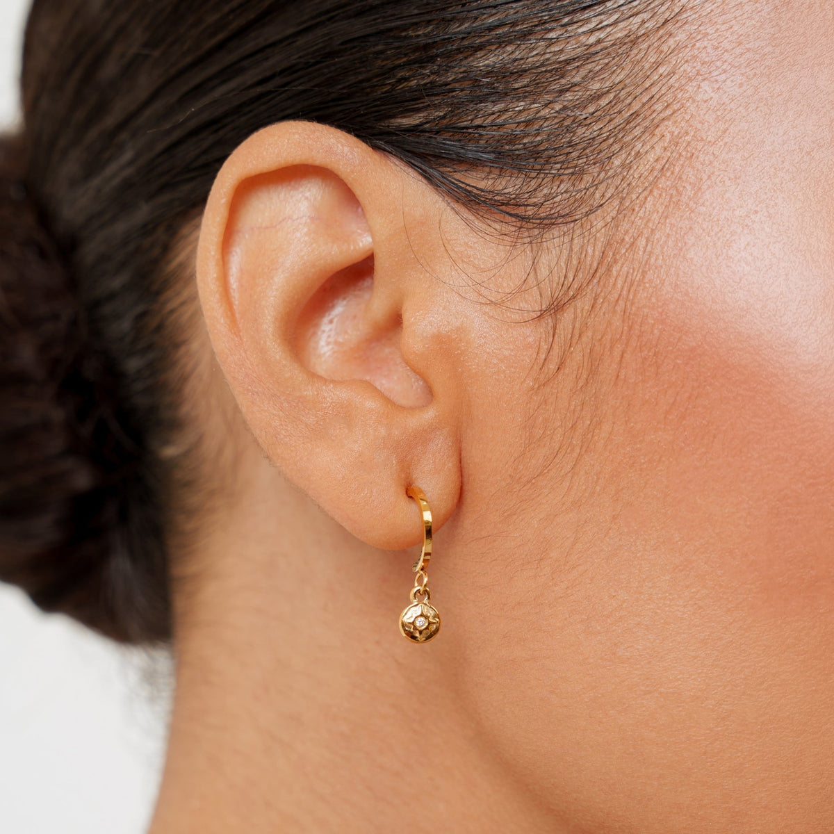 North Star Charm Earrings, White Zircon, Gold PVD Steel
