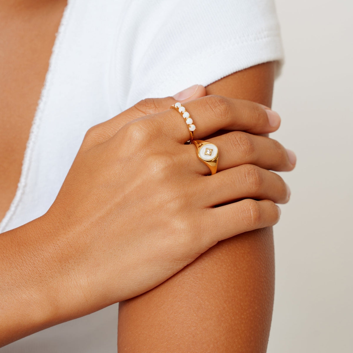 White Enamel and Zircon Signet Ring, Gold PVD Steel — Polar