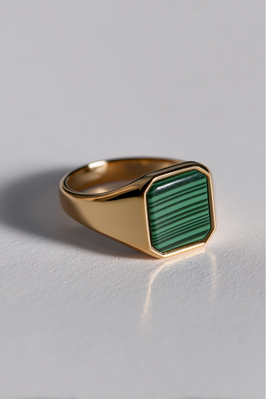 Men’s Green Malachite Signet Ring, Gold-Plated Steel — Malachio