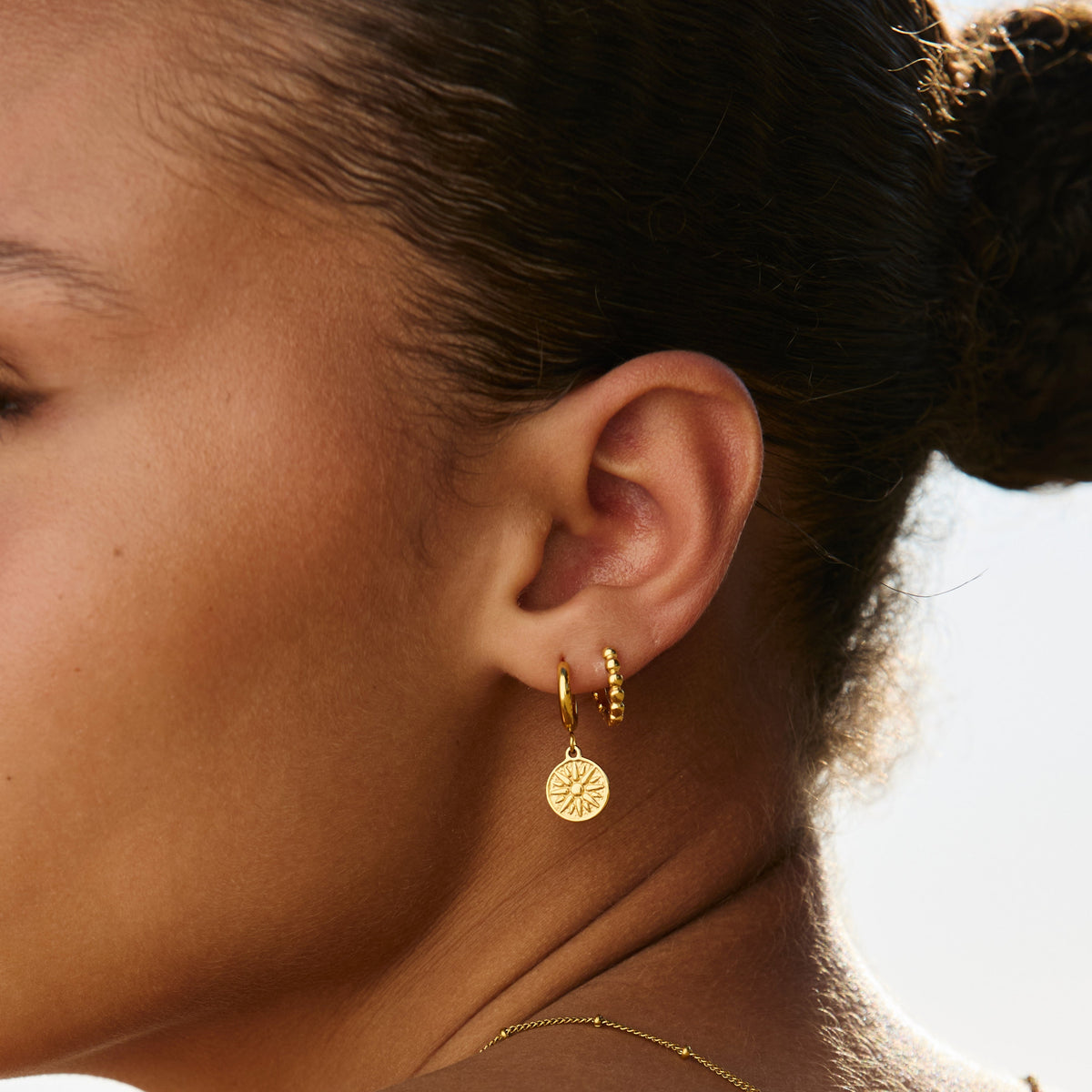 Sun Disc Charm Hoop Earrings, 8 mm