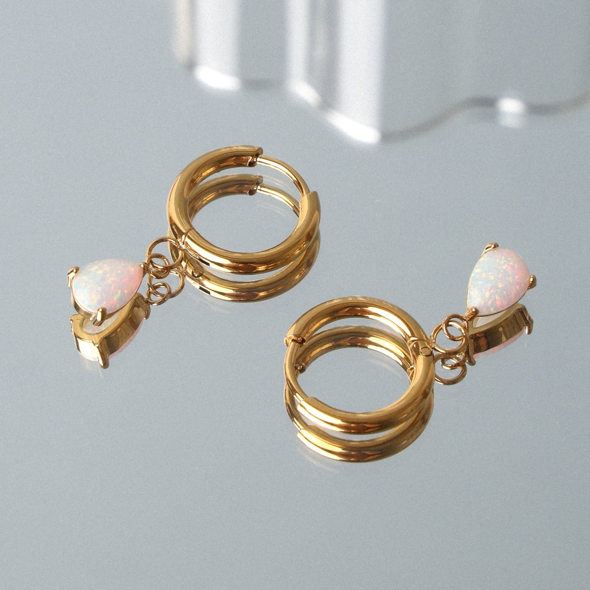 Opal Teardrop Huggie Hoop Earrings, Steel