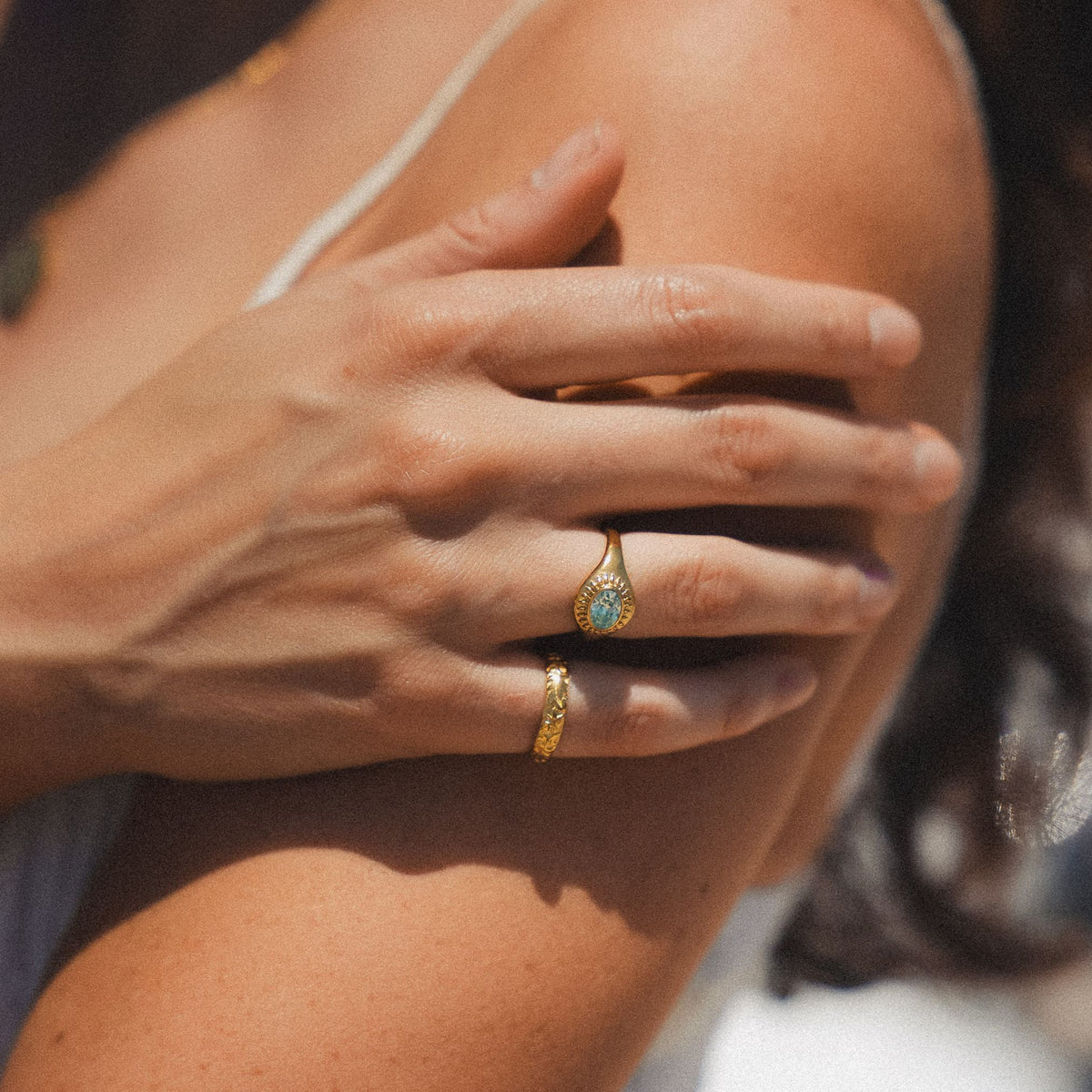 Blue Zircon Sunburst Ring, Steel — Aegean