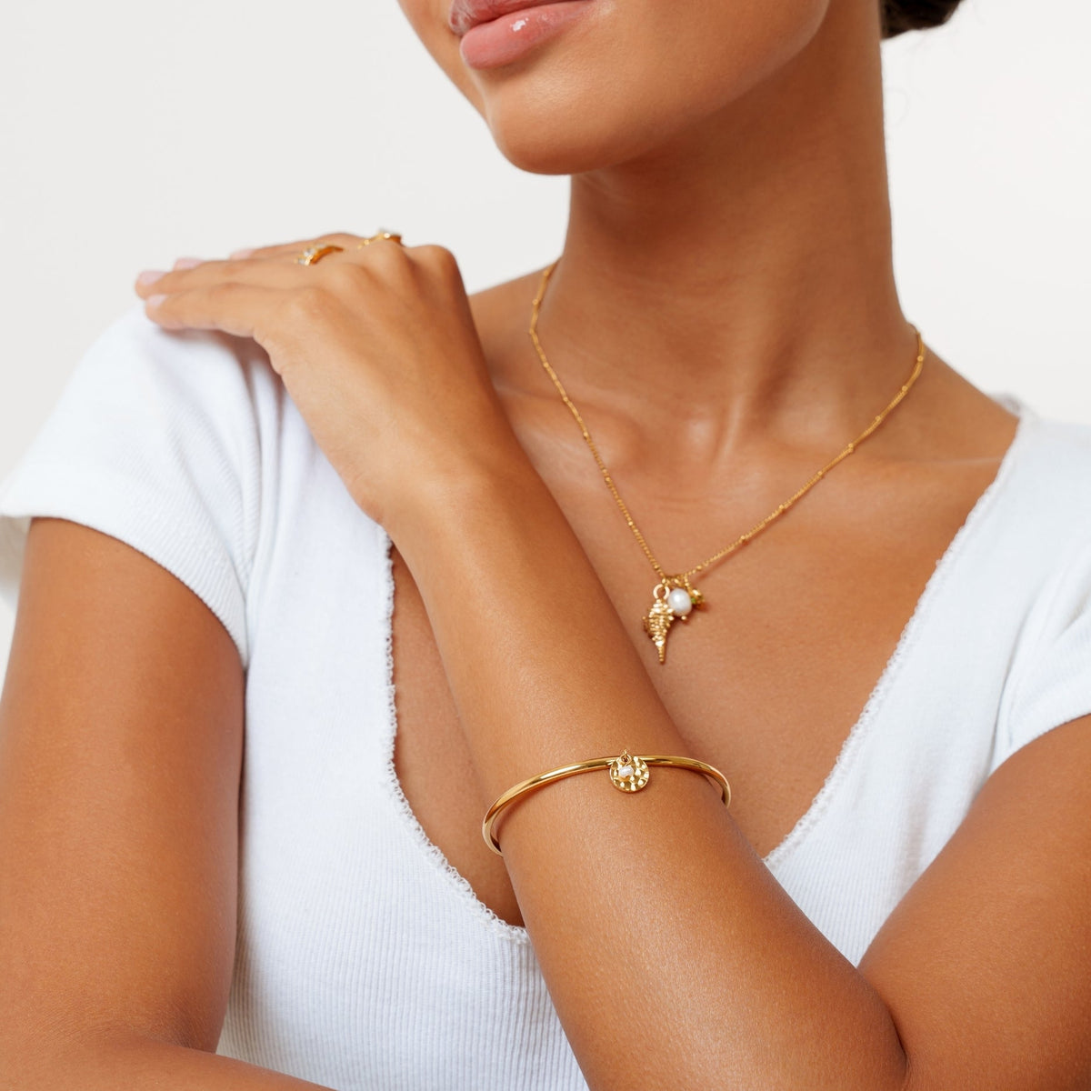 Freshwater Pearl Charm Bangle, Gold PVD Steel — Isle