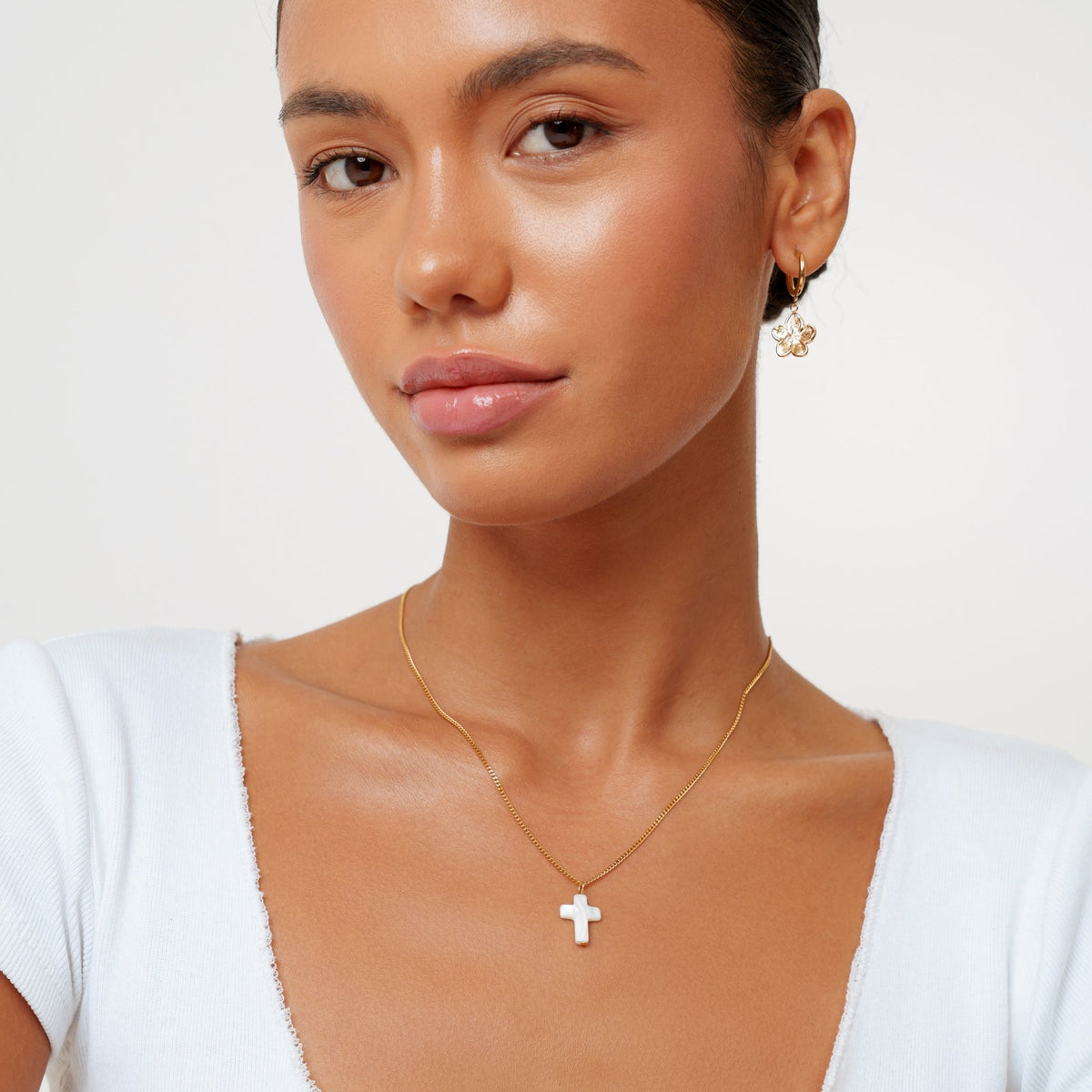 Mother-of-Pearl Cross Necklace, Stainless Steel