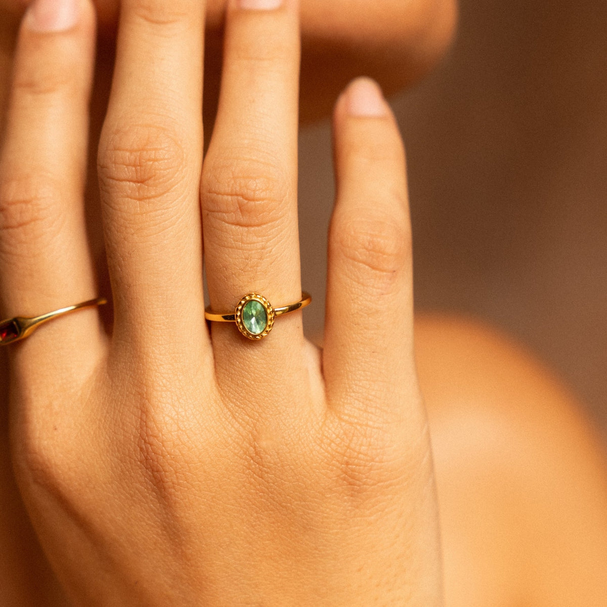 Green Glass Oval Ring, Gold PVD Steel — Olivia
