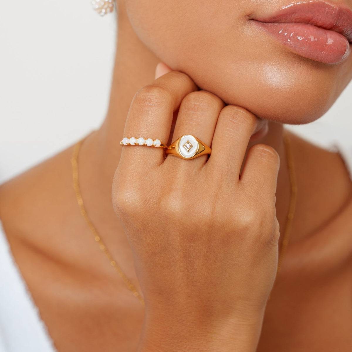 White Enamel and Zircon Signet Ring, Gold PVD Steel — Polar