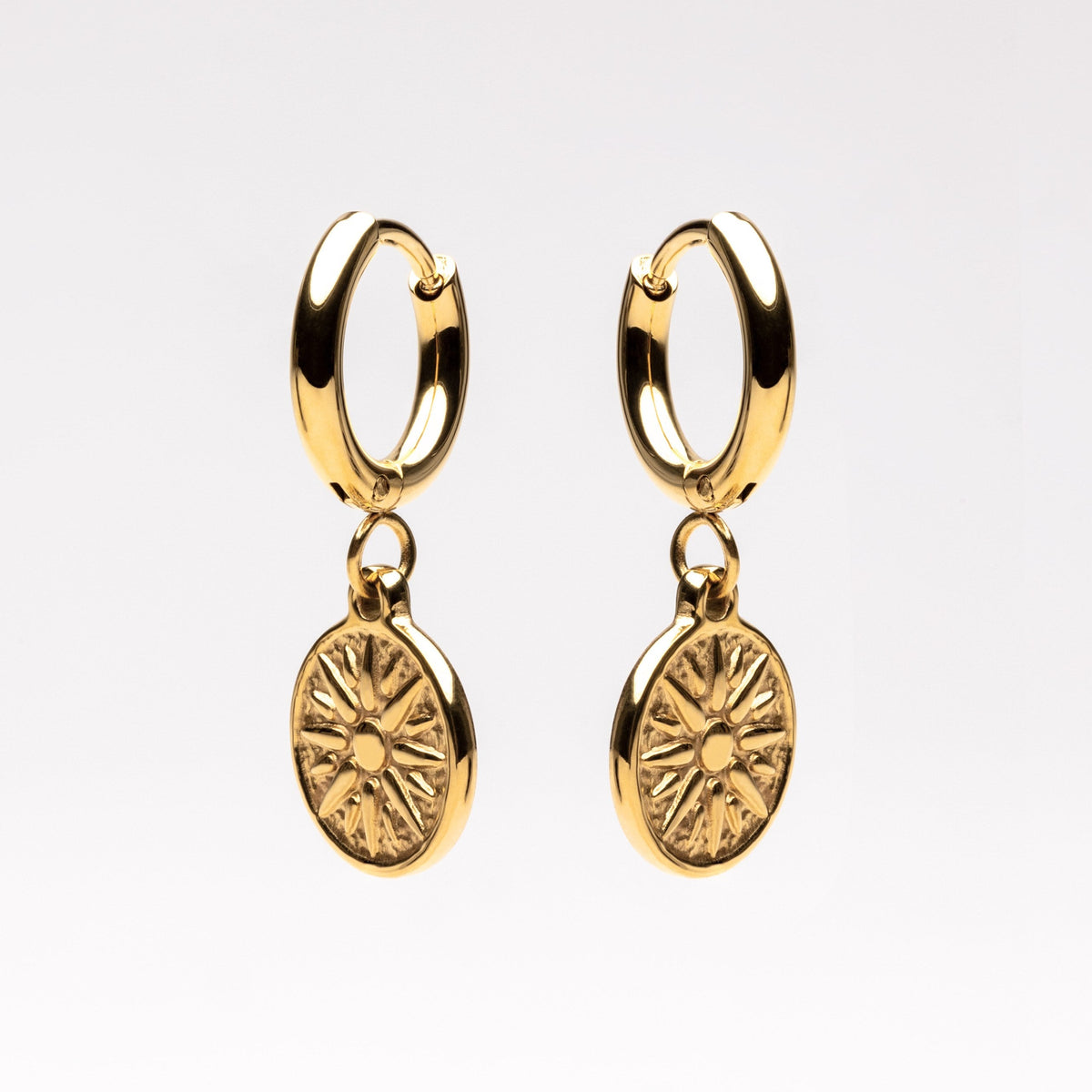 Sun Disc Charm Hoop Earrings, 8 mm