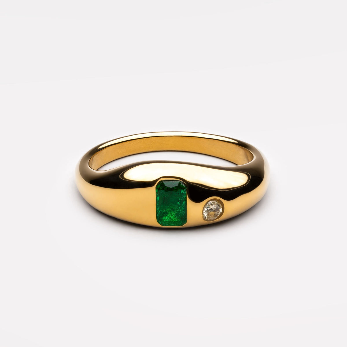 Green and White Zircon Two-Stone Ring, Gold PVD Steel