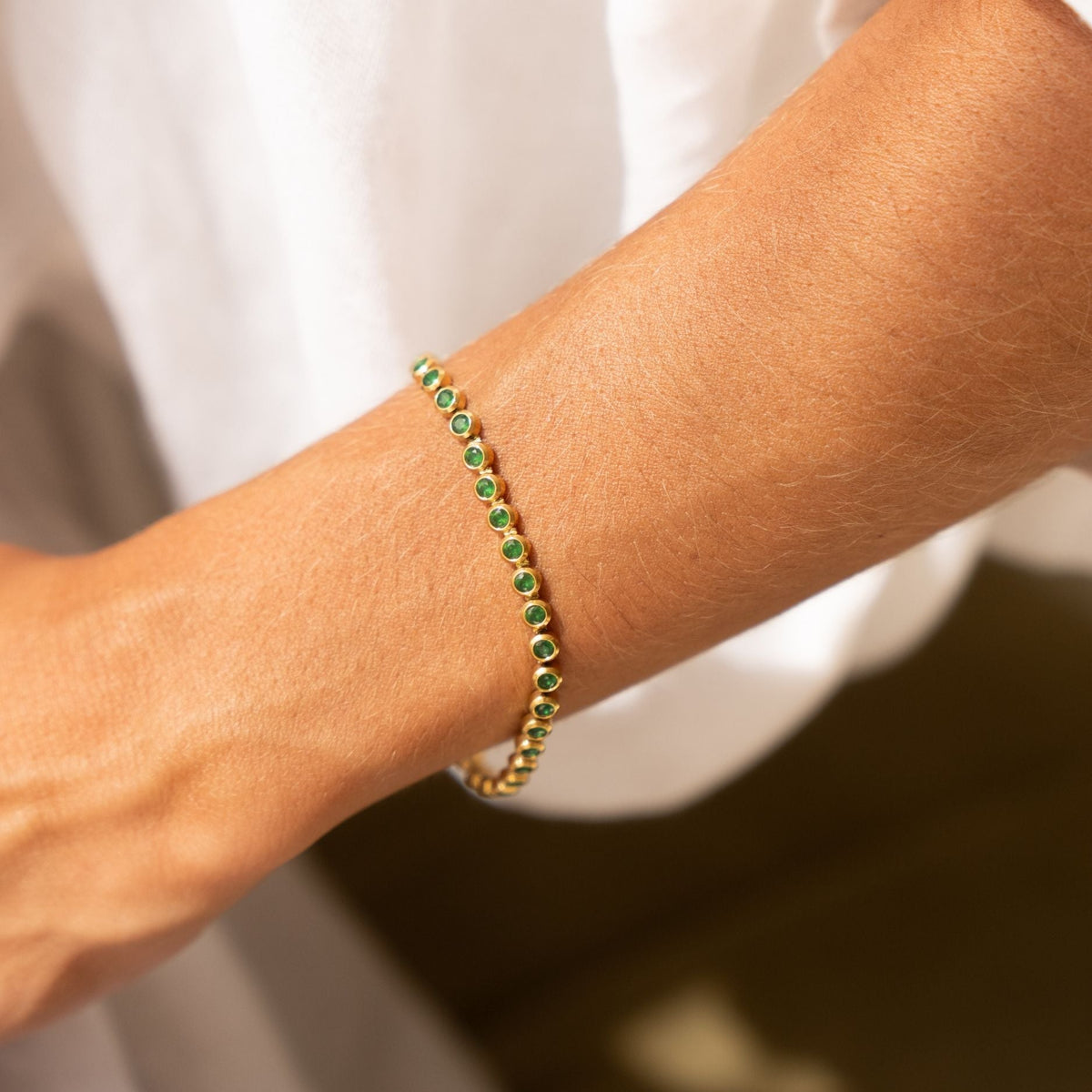 Green Bezel-Set Tennis Bracelet, Adjustable Steel Chain