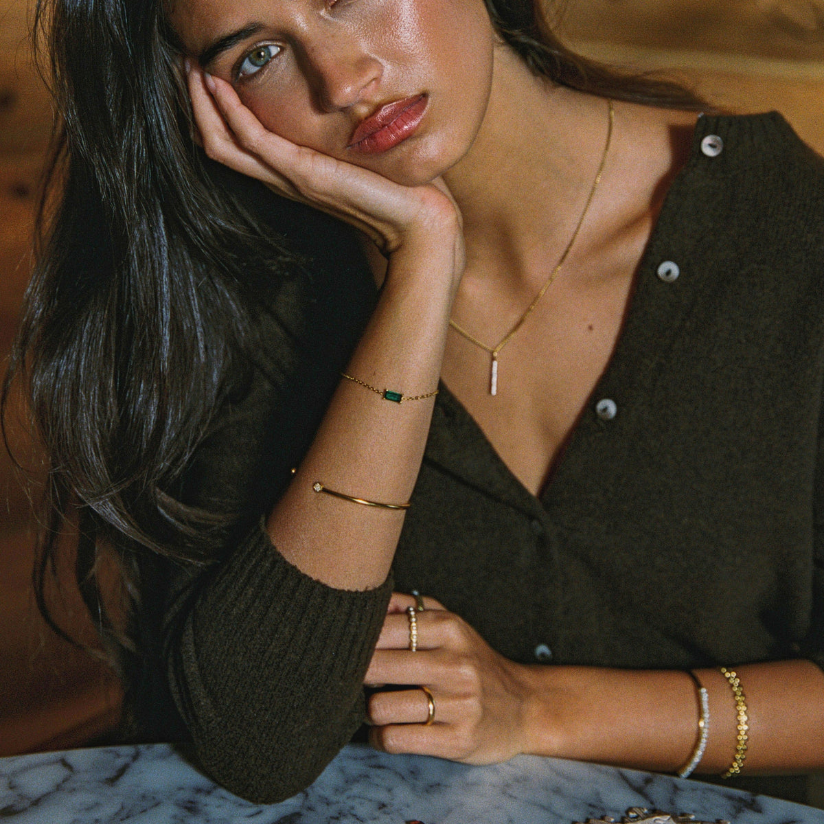 Emerald-Cut Green Stone Chain Bracelet