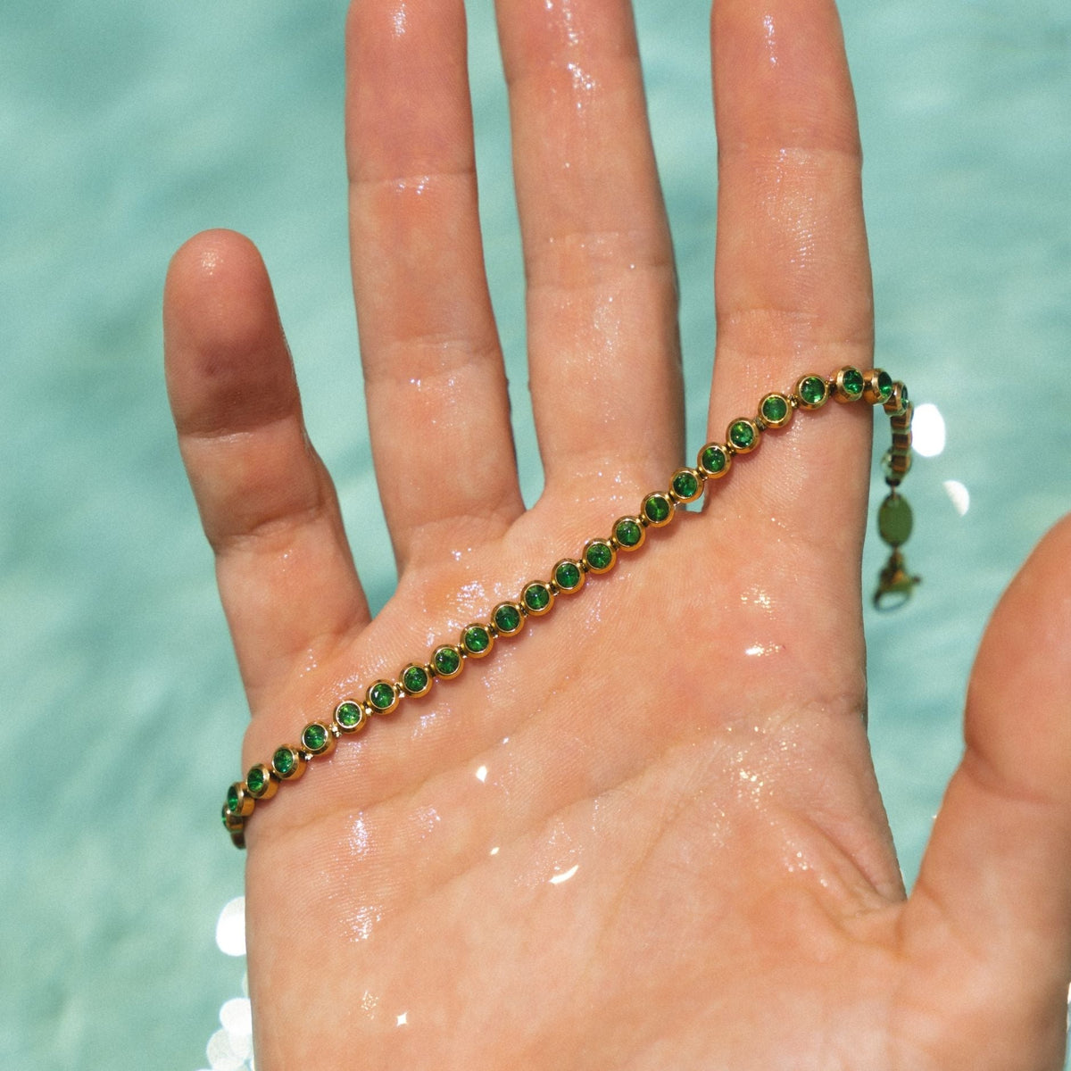 Green Bezel-Set Tennis Bracelet, Adjustable Steel Chain