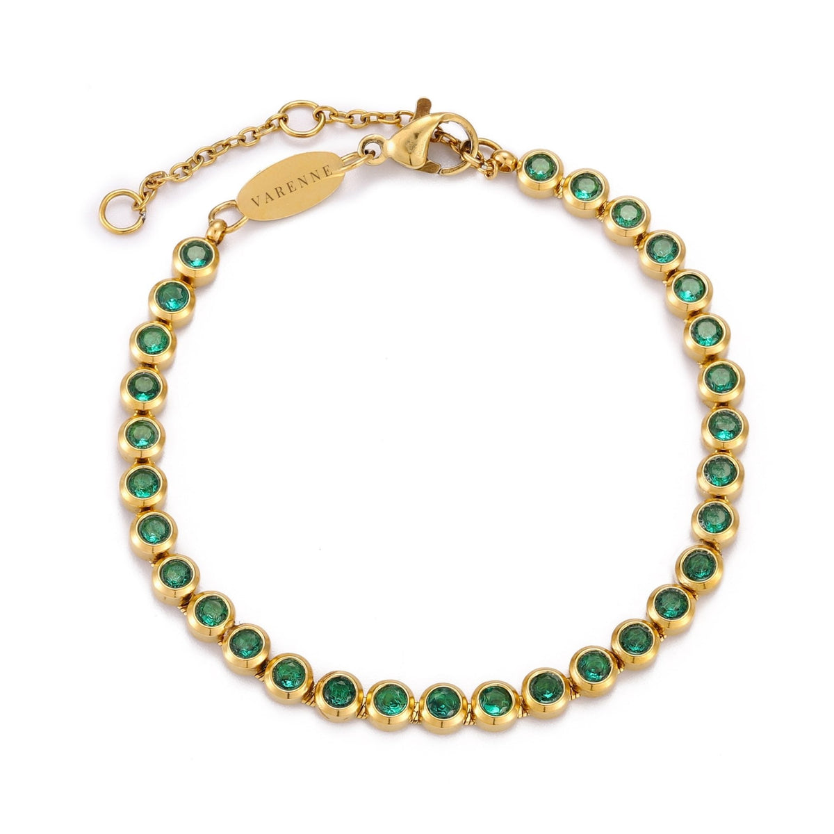 Green Bezel-Set Tennis Bracelet, Adjustable Steel Chain