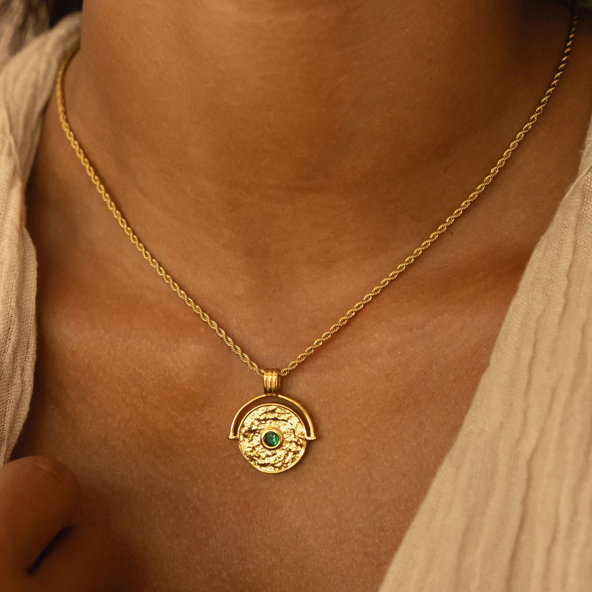 Green Stone Coin Pendant Necklace — Gaia
