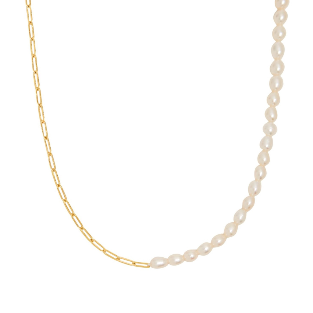 Half Pearl and Paperclip Necklace, 39 cm — Mykonos