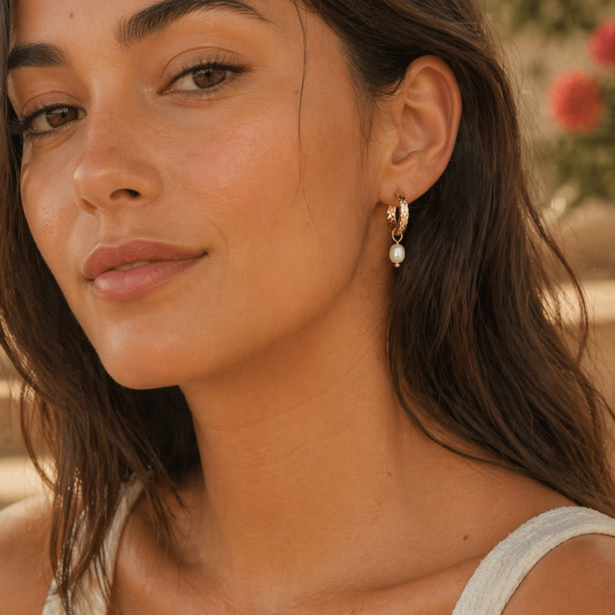 Hammered Pearl Hoop Earrings, 12 mm