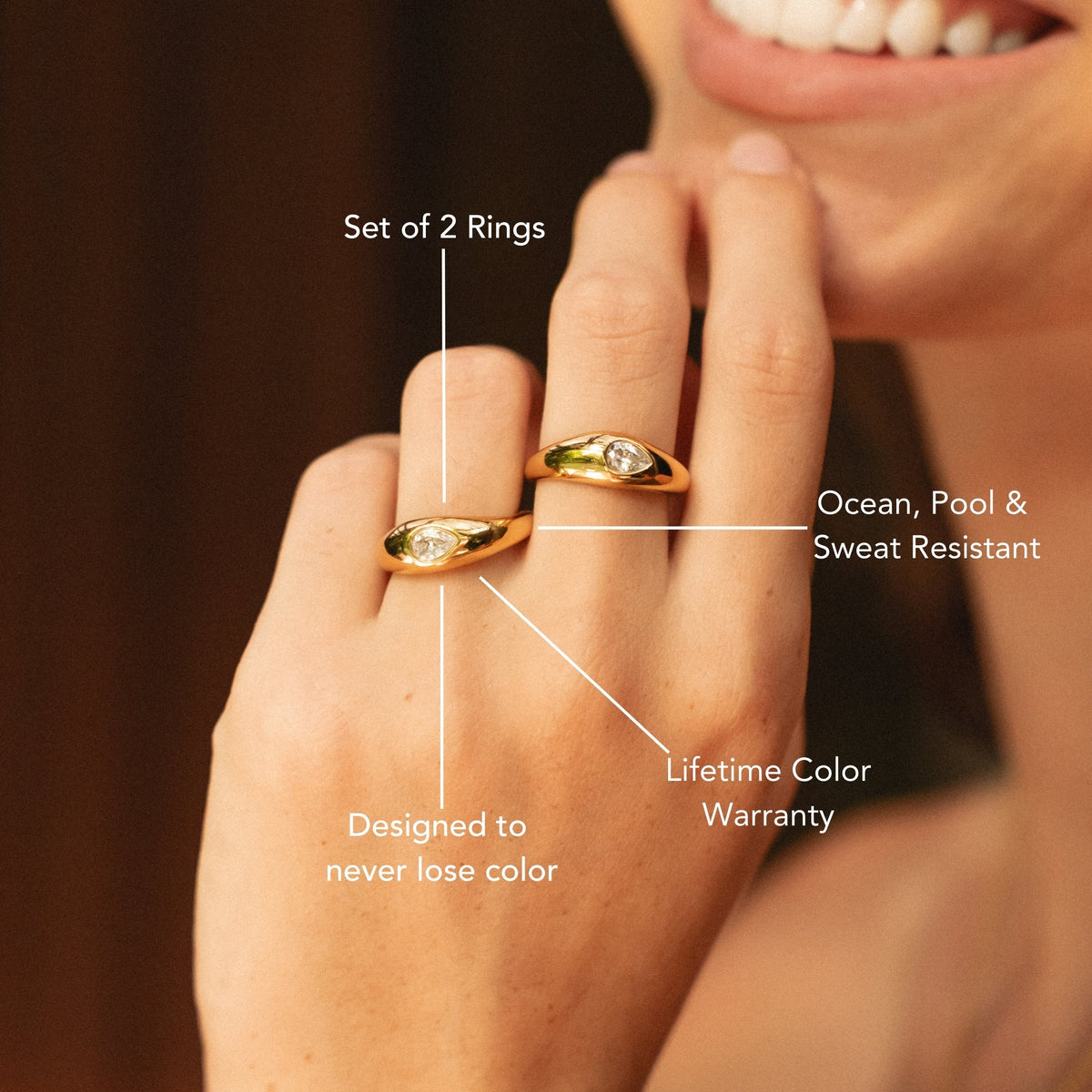 Two Pear Zircon Rings Set, Steel — Harmony