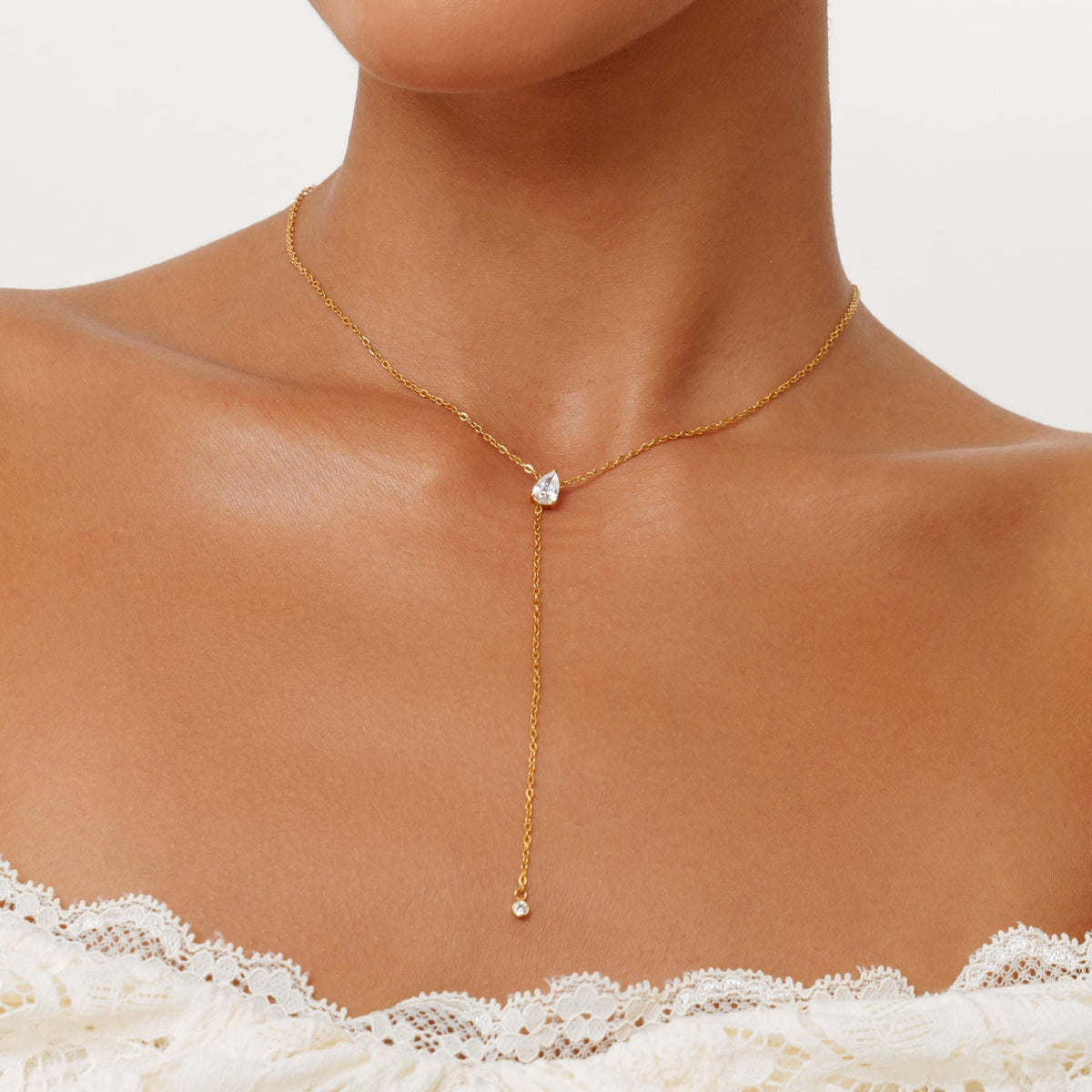 White Cubic Zirconia Y Lariat Necklace, Steel