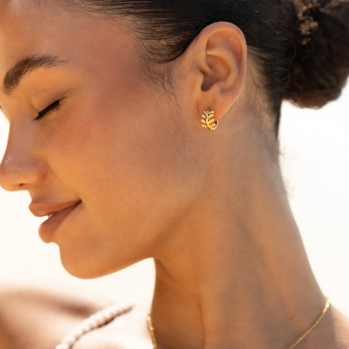 Laurel Leaf Zircon Huggie Hoop Earrings