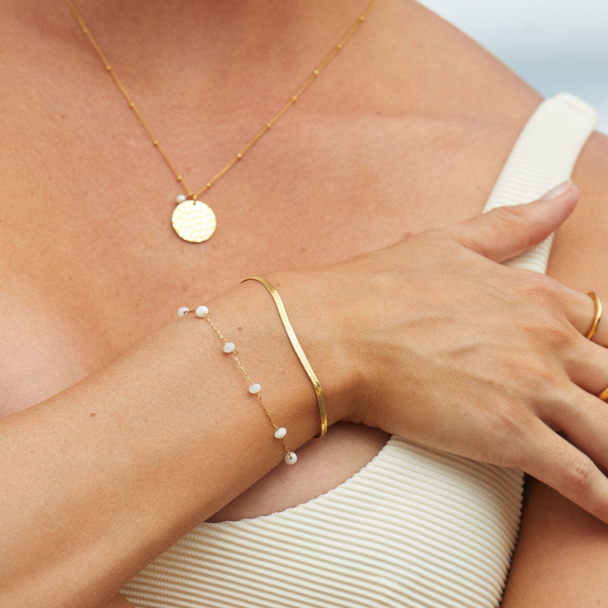Herringbone and Pearl Layered Bracelet — Santorini